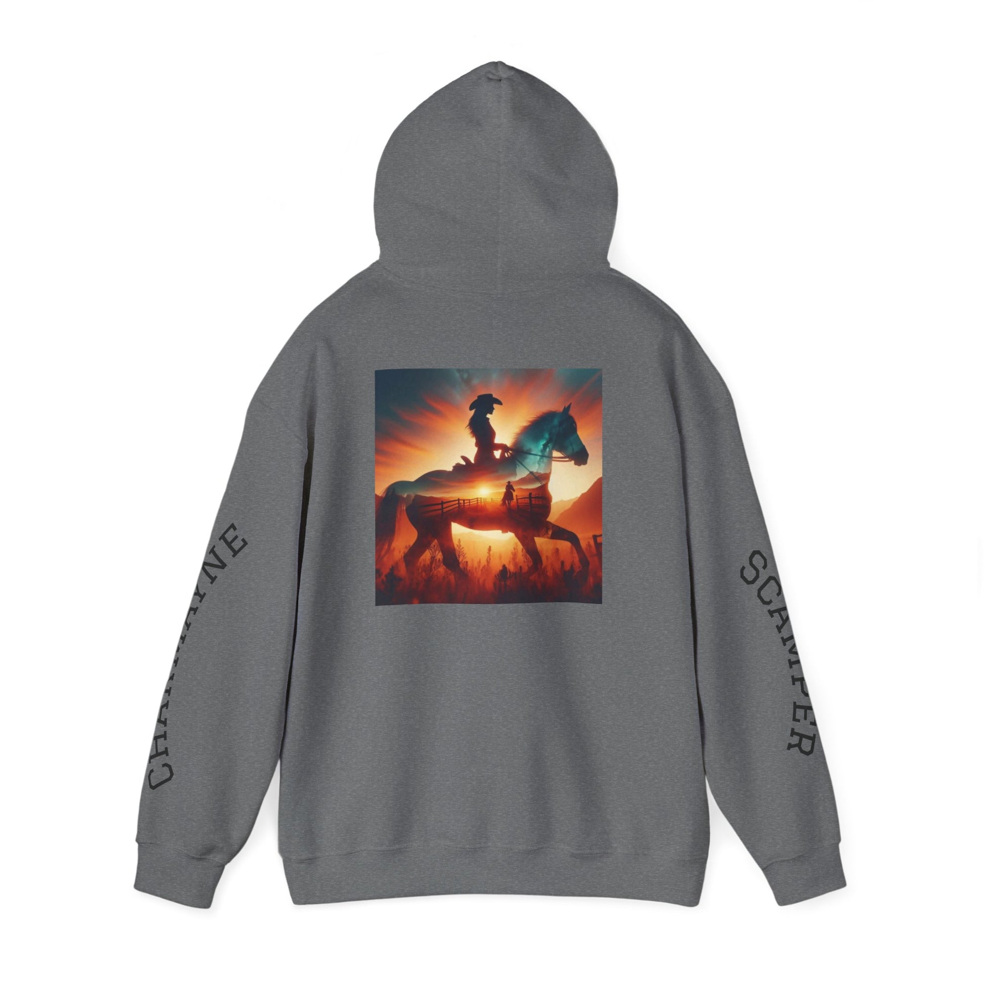 Western minimalist rider hoodie with personalized bull skull and prairie sunset design, featuring a comfortable fit and rustic style.