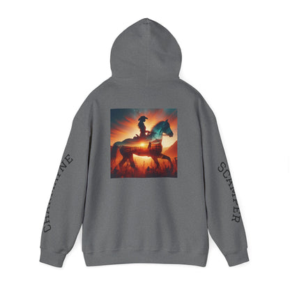 Western minimalist rider hoodie with personalized bull skull and prairie sunset design, featuring a comfortable fit and rustic style.