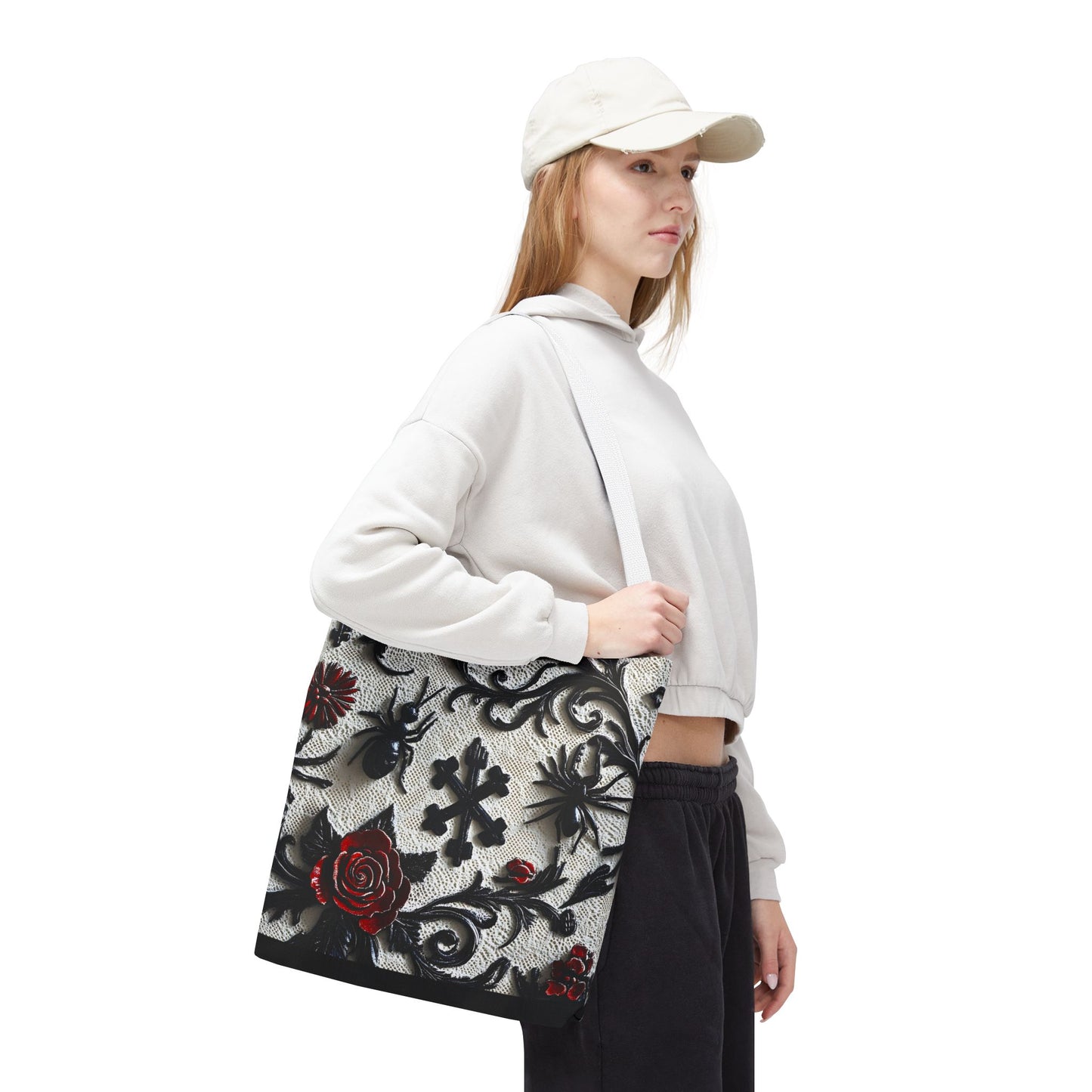 Gothic filigree tote bag with dark floral all-over print, featuring ornate design and sturdy handle, ideal for stylish everyday use.