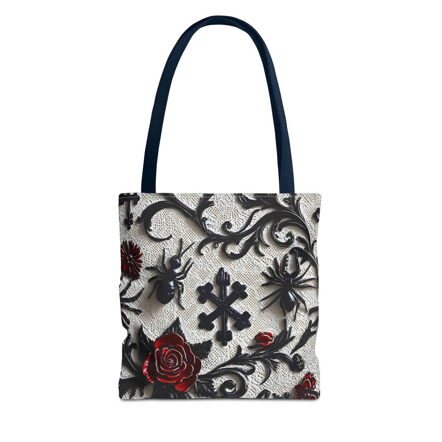 Gothic filigree tote bag with ornate dark floral all-over print, featuring detailed black floral patterns on a sturdy bag.
