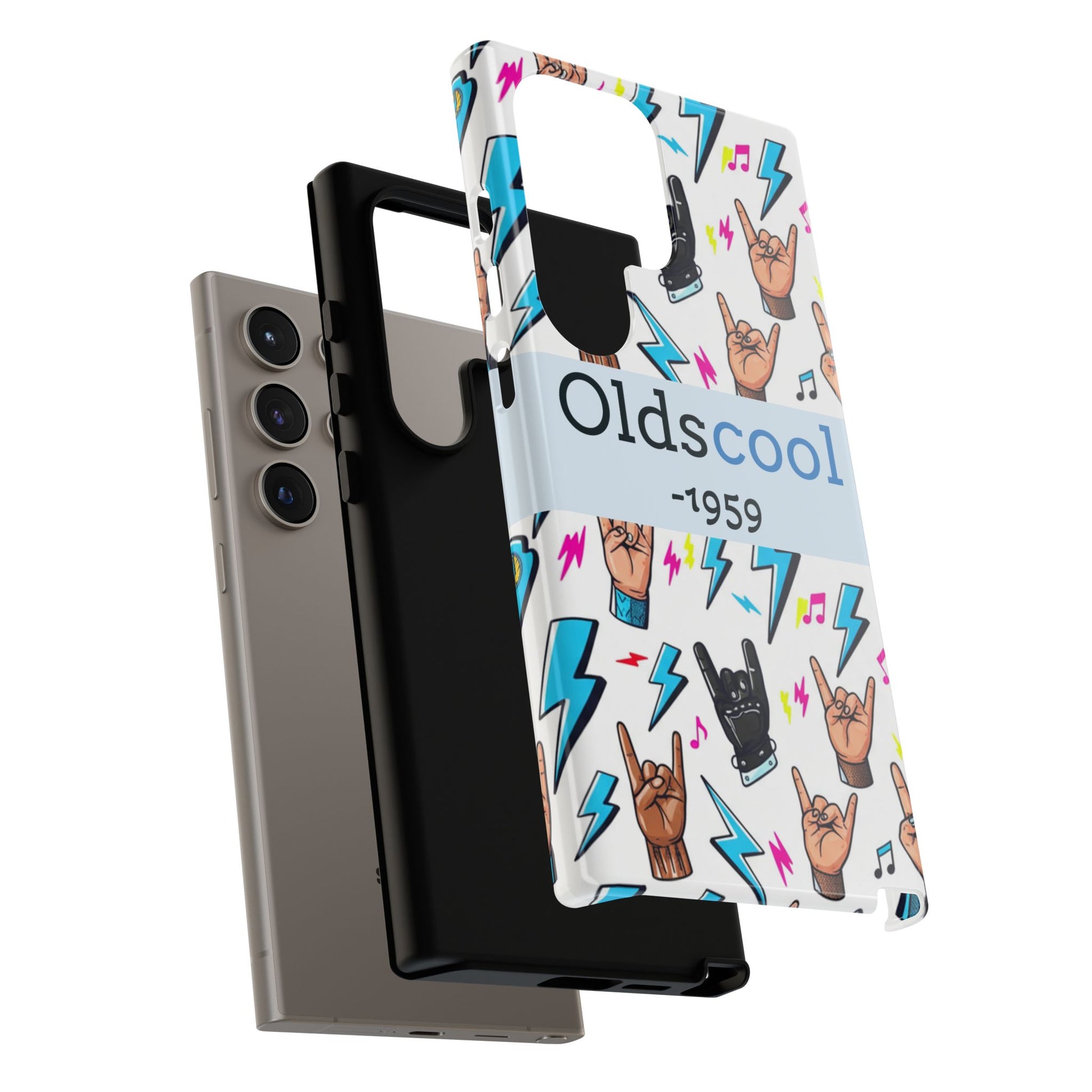 Retro Rock 'Oldscool 1959' Phone Case – Lightning & Rock Hand Pattern - Ramshackle Shack