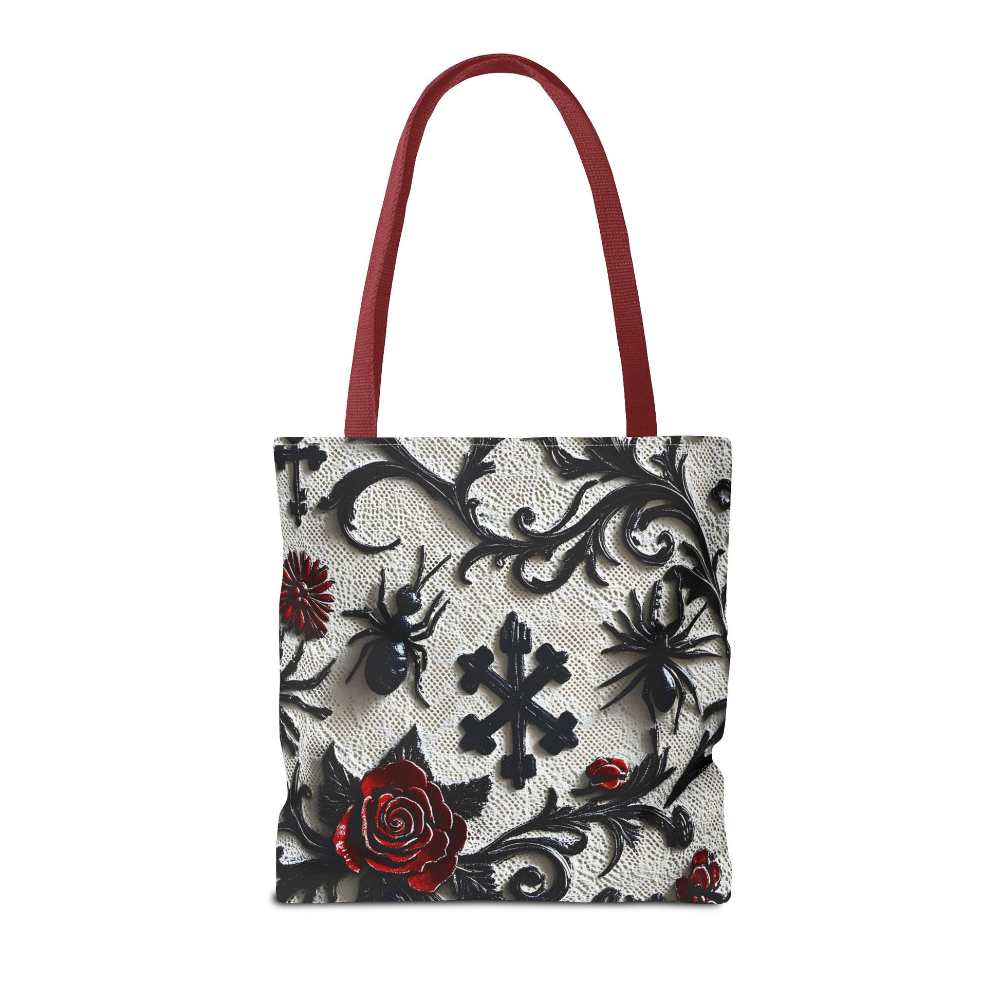 Gothic filigree tote bag with ornate dark floral all-over print, featuring intricate design on a stylish bag by Printify