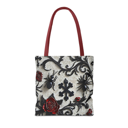 Gothic filigree tote bag with ornate dark floral all-over print, featuring intricate design on a stylish bag by Printify