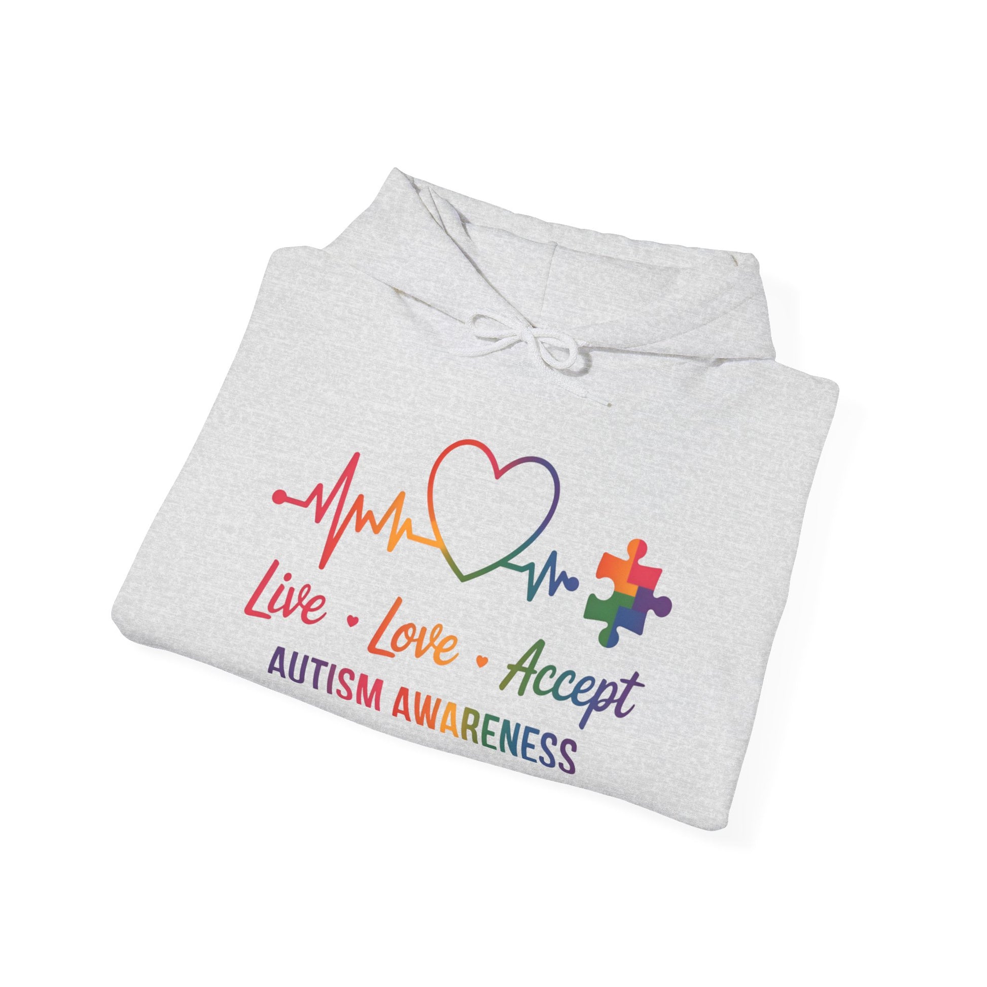 Autism Awareness Hoodie — "Live, Love, Accept" Heartbeat Puzzle-Rainbow - Ramshackle Shack