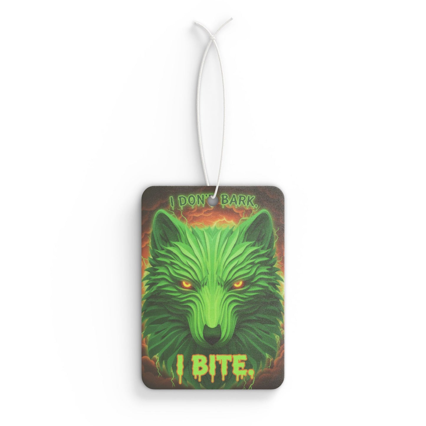 Neon wolf air freshener with "I Don't Bark I Bite" text, designed as a car accessory, featuring bright neon colors and a wolf graphic.