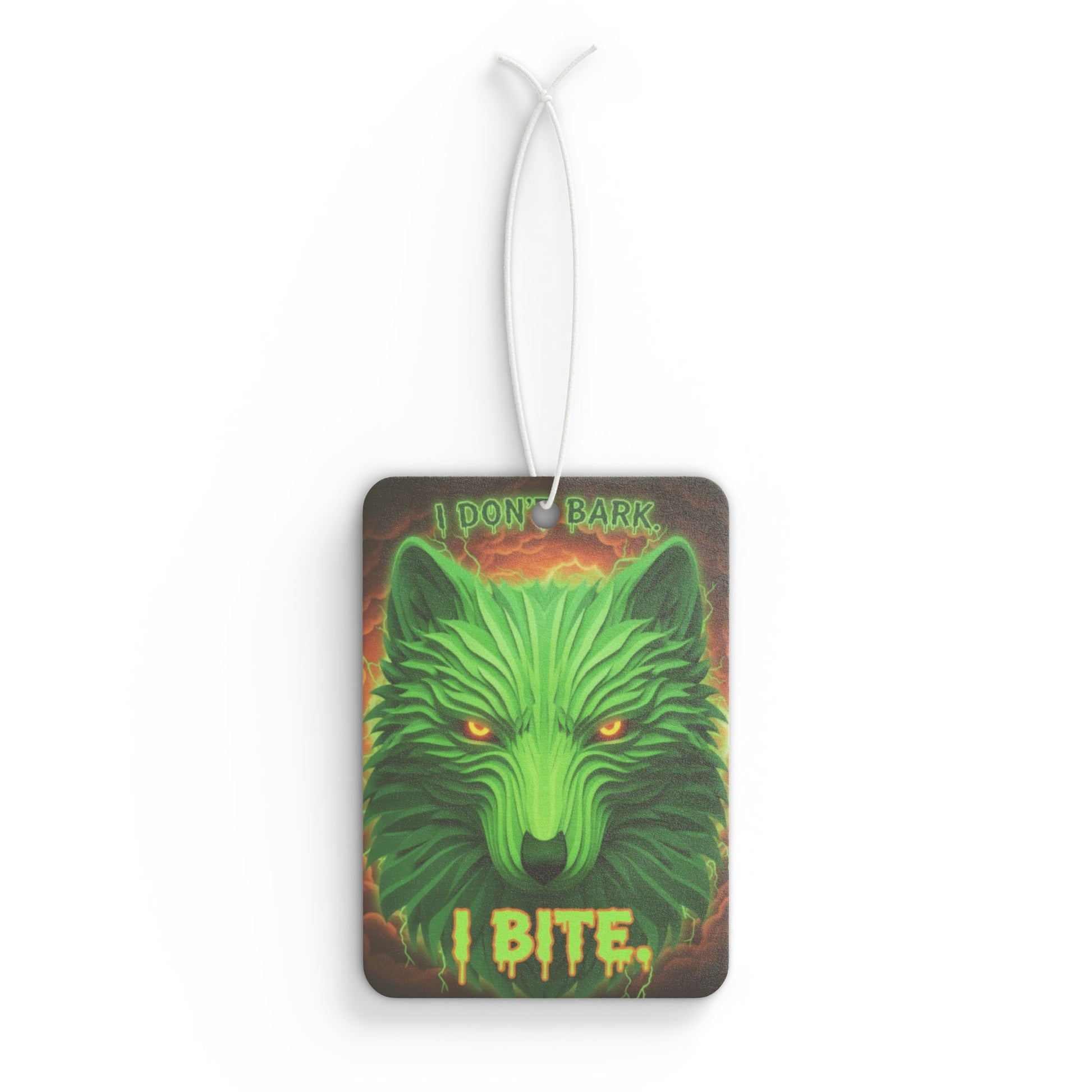 Neon wolf air freshener with "I Don't Bark I Bite" text, designed as a car accessory, featuring bright neon colors and a wolf graphic.