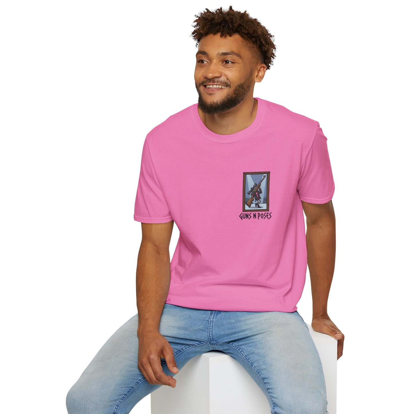 Black T-shirt featuring a graphic print of various artistic gun poses from the "Guns in Poses" gallery by Printify.