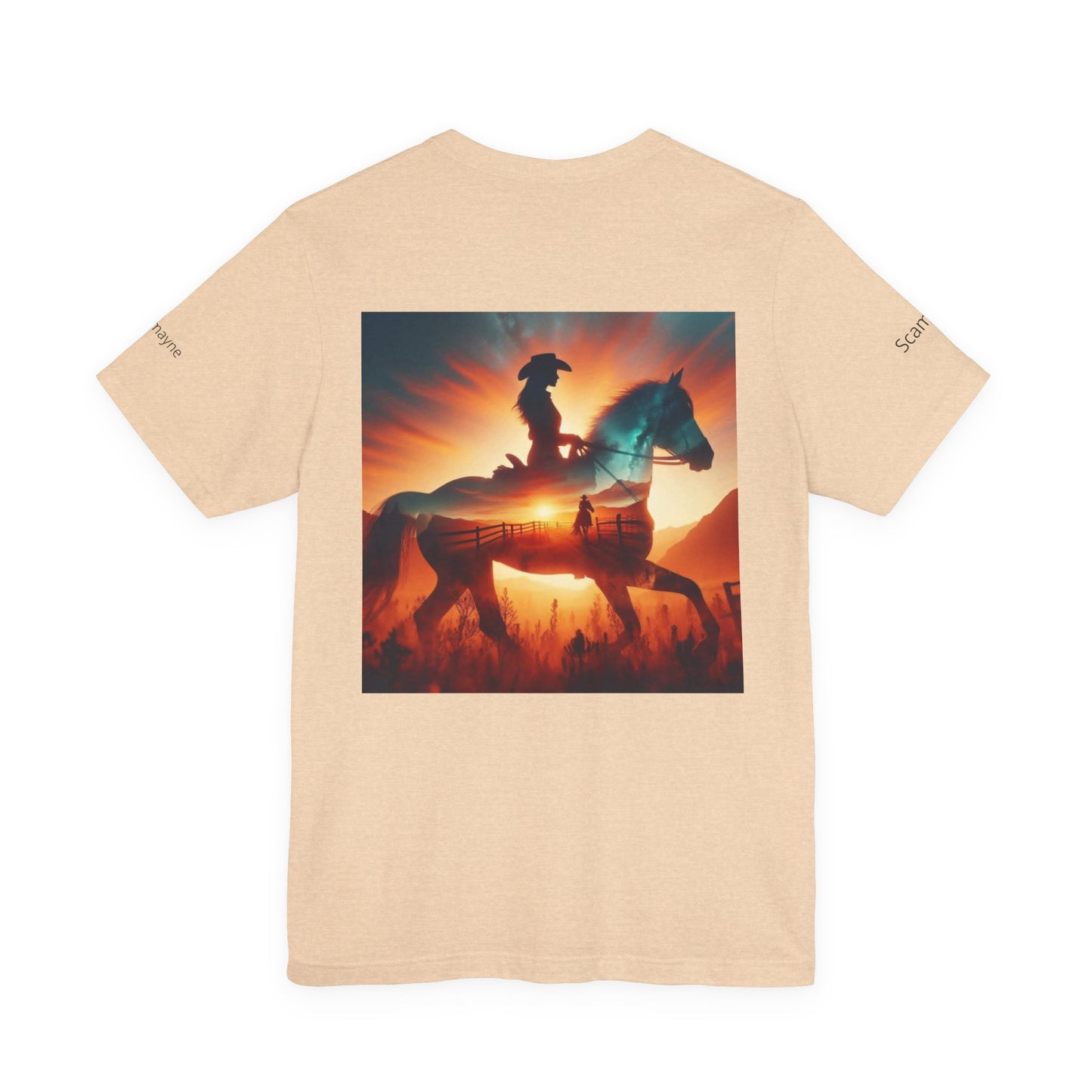 Personalized western sunset rider T-shirt by Printify featuring a vibrant western sunset design on a casual T-shirt.