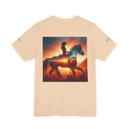 Personalized western sunset rider T-shirt by Printify featuring a vibrant western sunset design on a casual T-shirt.