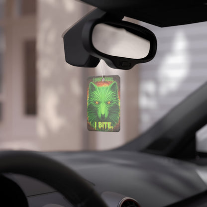 Neon wolf-shaped car air freshener with "I Don't Bark I Bite" text, accessory by Printify for vehicle interior decoration.