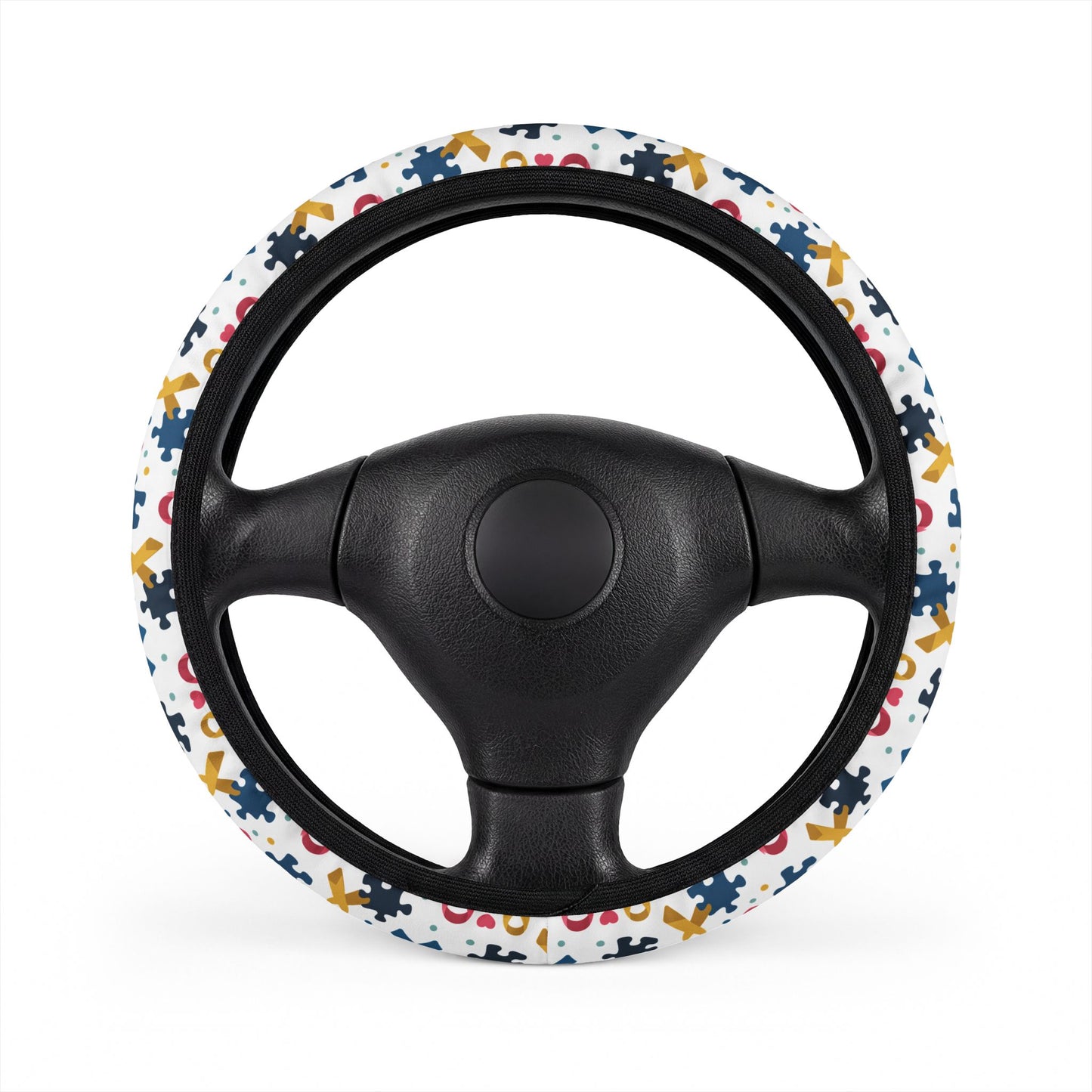 Autism Awareness Puzzle Piece steering wheel cover by Printify, vibrant fabric with colorful puzzle pattern for car accessories.