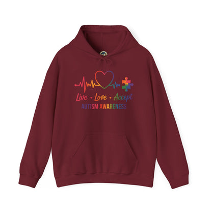 Autism Awareness Hoodie — "Live, Love, Accept" Heartbeat Puzzle-Rainbow - Ramshackle Shack