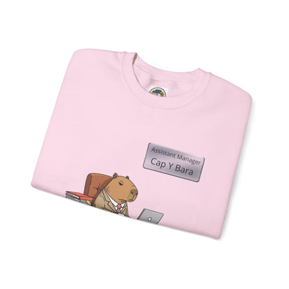 Adult sweatshirt featuring a capybara at a desk with an unhinged animal bureaucracy illustration, suitable for office wear.