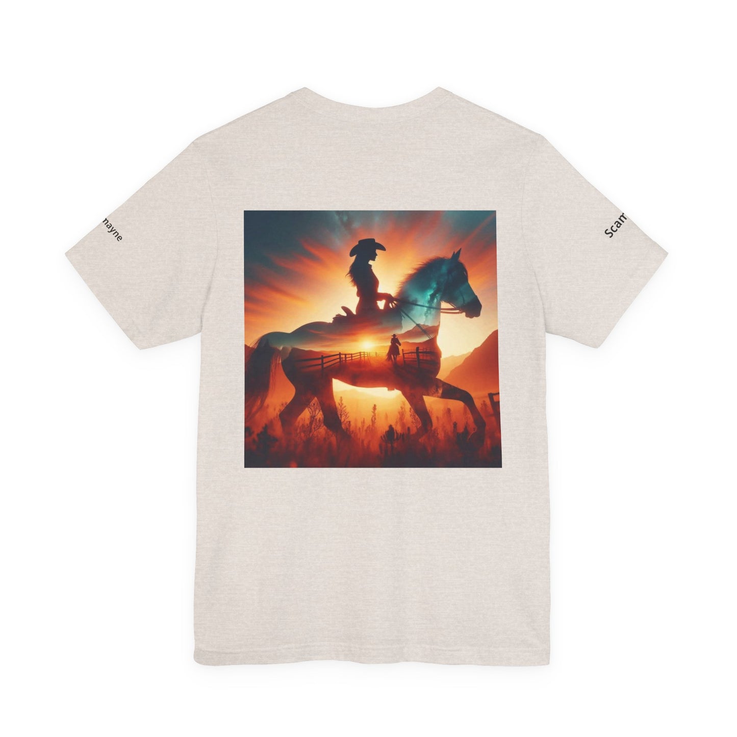 Personalized western sunset T-shirt from Nothing So Wild Rider Tee collection, featuring vibrant sunset and western design.