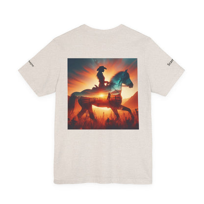 Personalized western sunset T-shirt from Nothing So Wild Rider Tee collection, featuring vibrant sunset and western design.