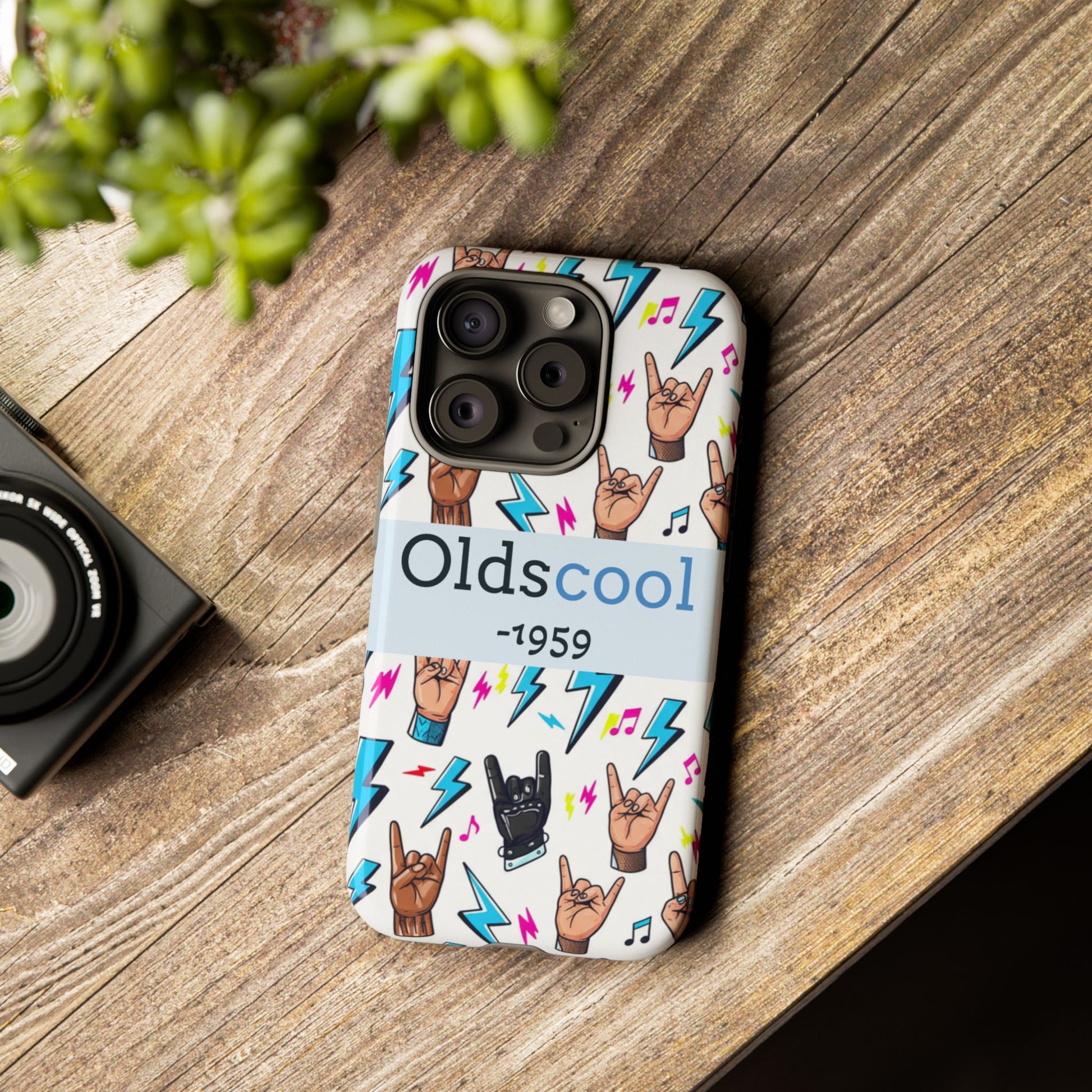 Retro Rock 'Oldscool 1959' Phone Case – Lightning & Rock Hand Pattern - Ramshackle Shack