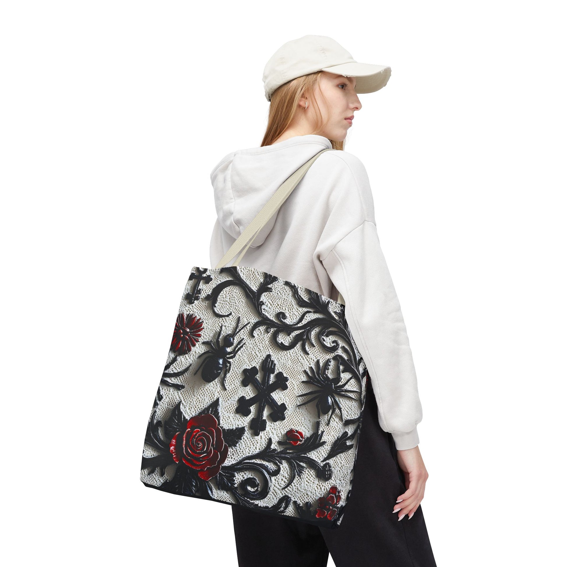 Gothic filigree tote bag with ornate dark floral all-over print, featuring intricate design and sturdy handles, by Printify.
