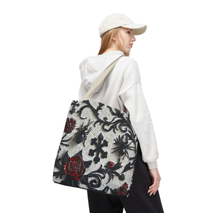 Gothic filigree tote bag with ornate dark floral all-over print, featuring intricate design and sturdy handles, by Printify.