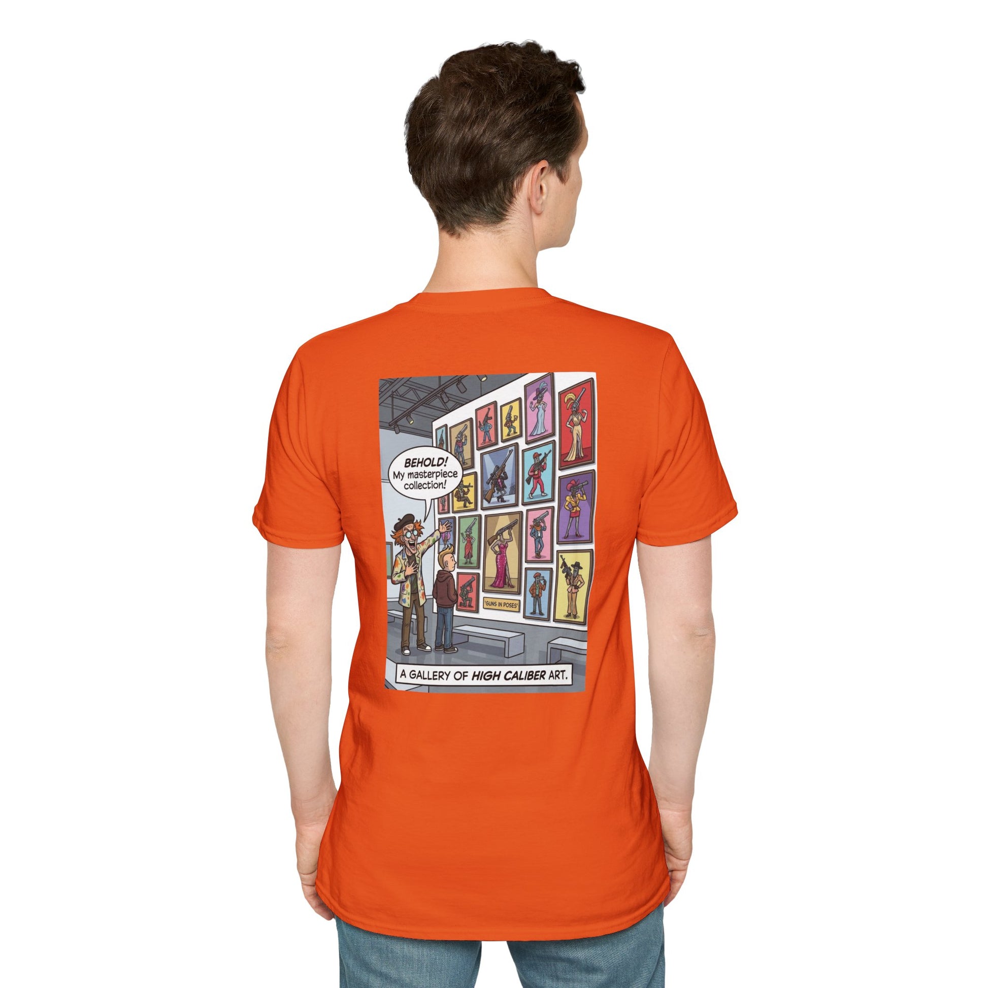 Black T-shirt featuring artwork from "Guns in Poses" gallery, showcasing high-caliber gun illustrations in a bold design.