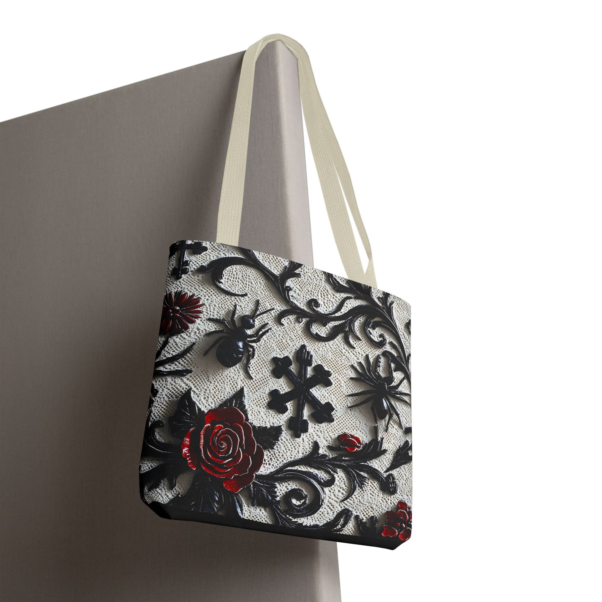 Gothic filigree tote bag with ornate dark floral all-over print, featuring intricate floral designs on the bag's fabric.