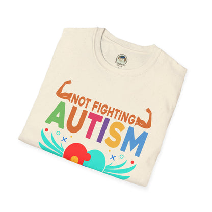 Autism Awareness T-Shirt — "Not Fighting Autism, Working With It" Puzzle Ribbon Tee - Ramshackle Shack