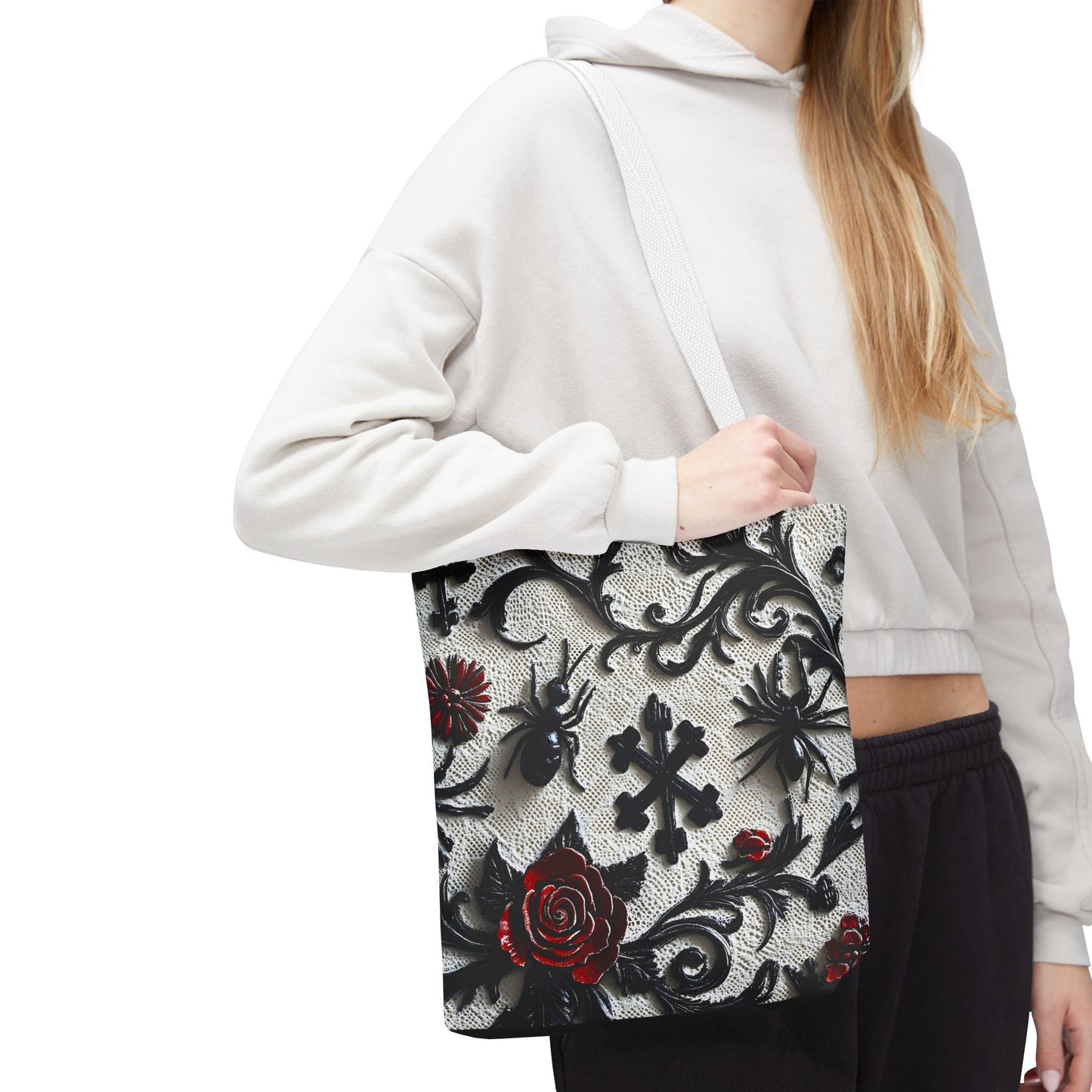 Gothic filigree tote bag with an ornate dark floral all-over print, stylish bags by Printify featuring intricate design details.