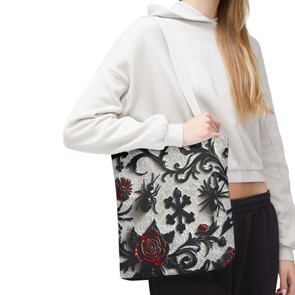 Gothic filigree tote bag with an ornate dark floral all-over print, stylish bags by Printify featuring intricate design details.