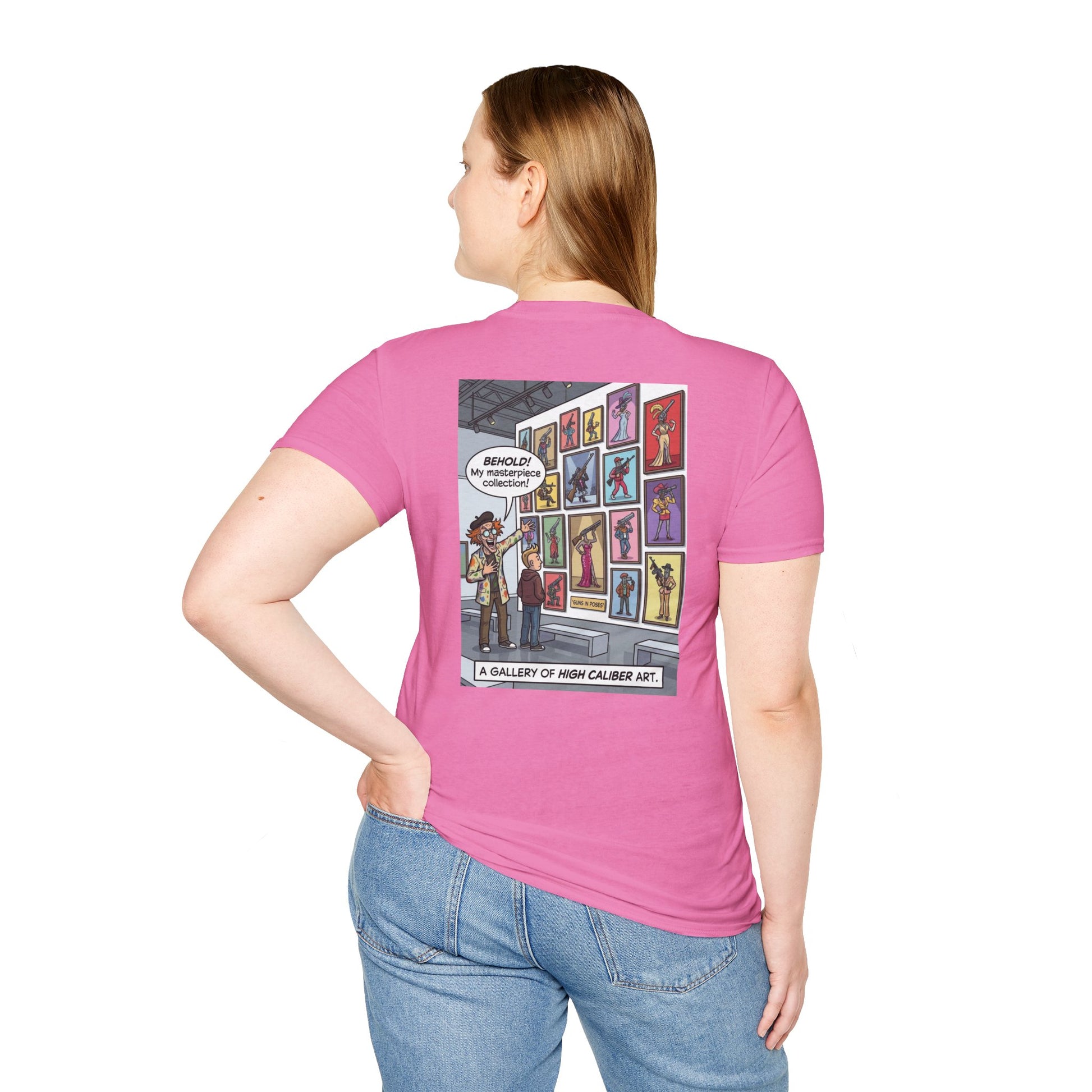 Black t-shirt from Printify featuring artwork of guns in various artistic poses, showcasing bold, high-caliber gun illustrations.