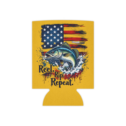 Can Cooler — "Reel, Rip, Repeat" American Flag Jumping Fish - Ramshackle Shack