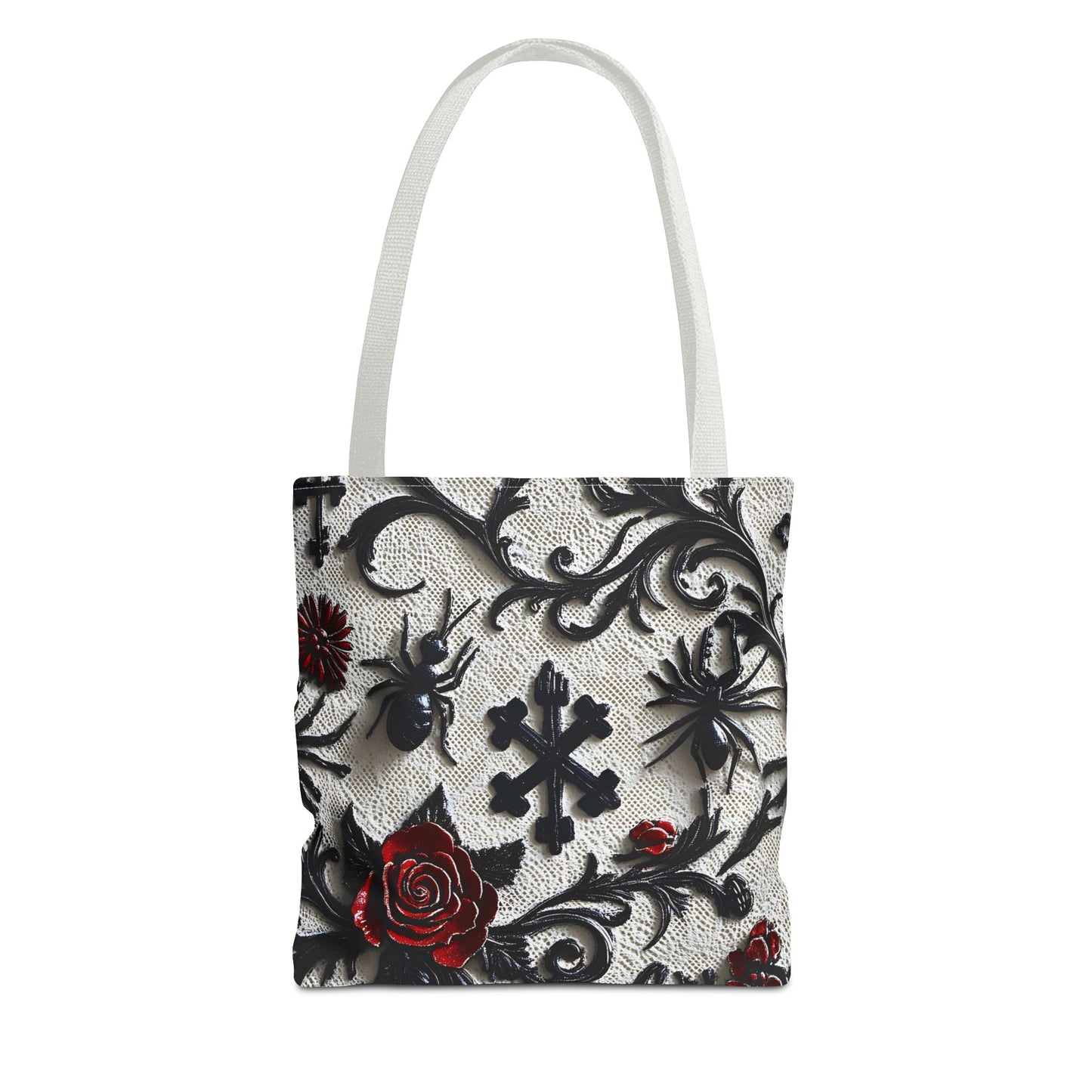Gothic filigree tote bag with ornate dark floral all-over print, featuring intricate design and sturdy handles, by Printify.
