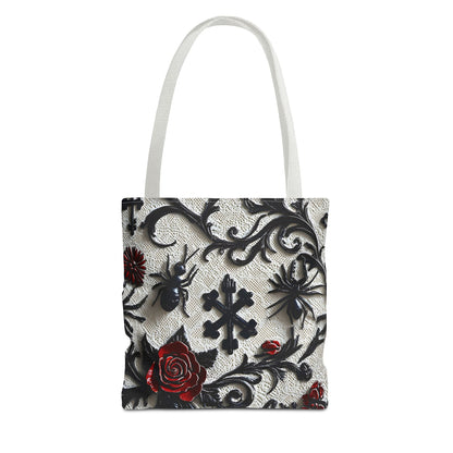 Gothic filigree tote bag with ornate dark floral all-over print, featuring intricate design and sturdy handles, by Printify.