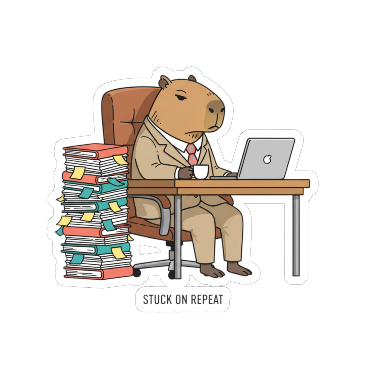 Stuck on Repeat Capybara Office Sticker featuring an adulting animal illustration, ideal for decorating notebooks or laptops.