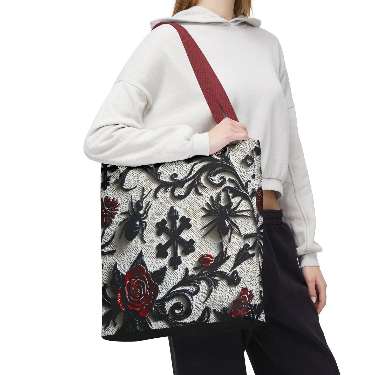 Gothic filigree tote bag with dark floral all-over print, ornate design, and sturdy handles, perfect for stylish everyday use.