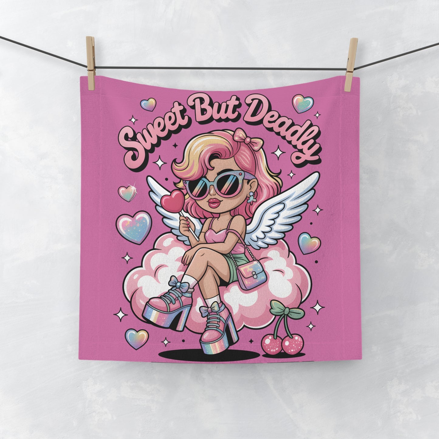 Sweet But Deadly Face Towel — Cute Pink Angel Girl Design - Ramshackle Shack