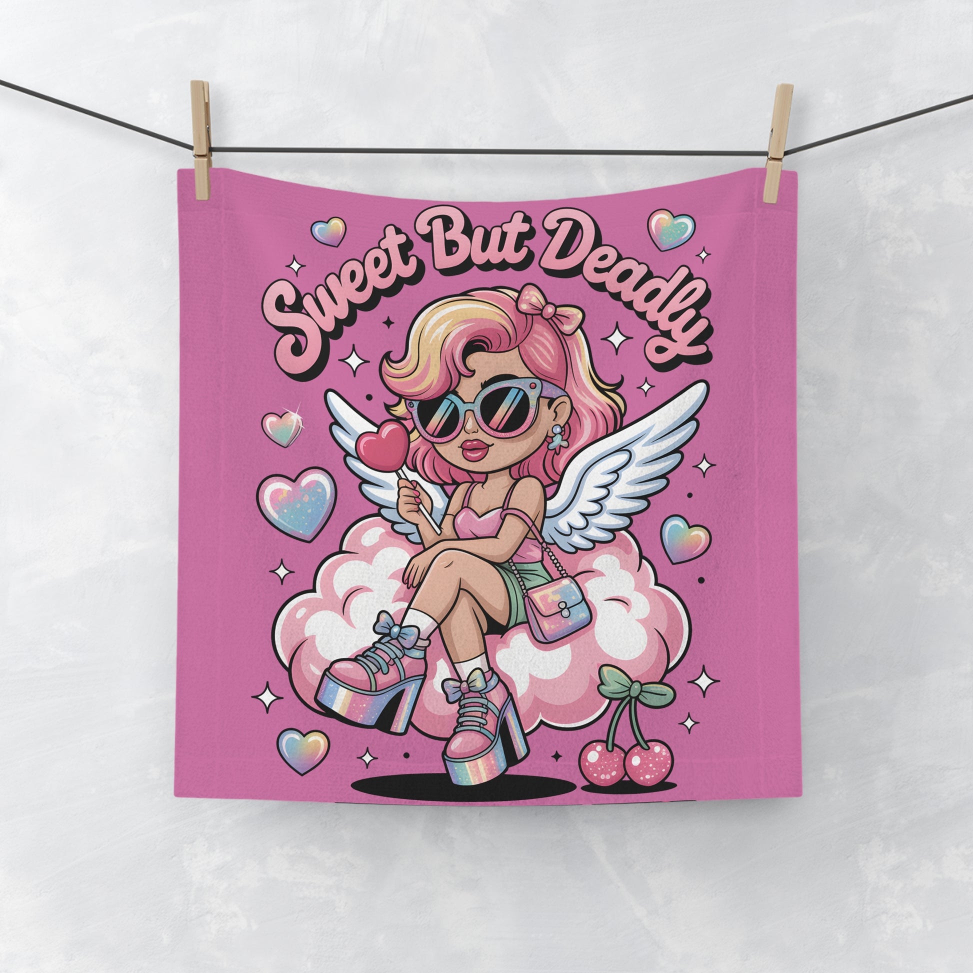 Sweet But Deadly Face Towel — Cute Pink Angel Girl Design - Ramshackle Shack
