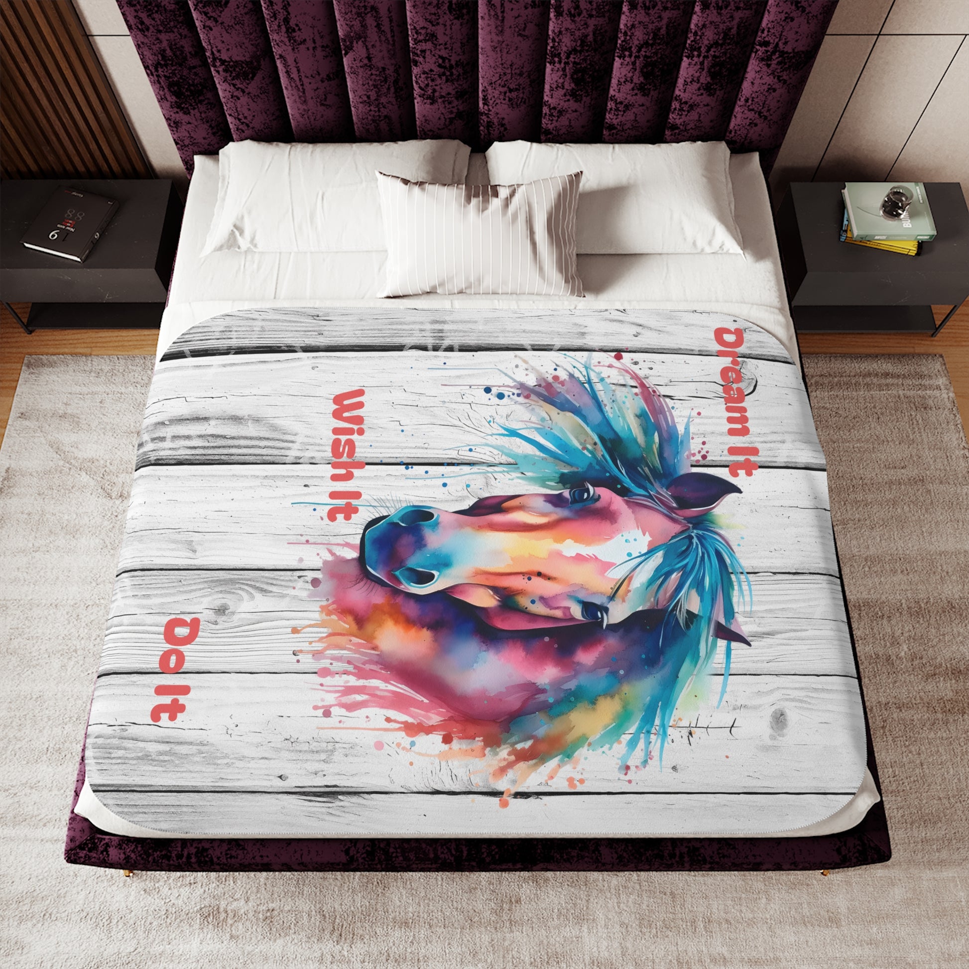 Watercolor horse Sherpa blanket featuring a two-tone cozy throw design, ideal for home decor and comfort.