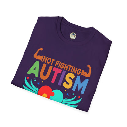 Autism Awareness T-Shirt — "Not Fighting Autism, Working With It" Puzzle Ribbon Tee - Ramshackle Shack