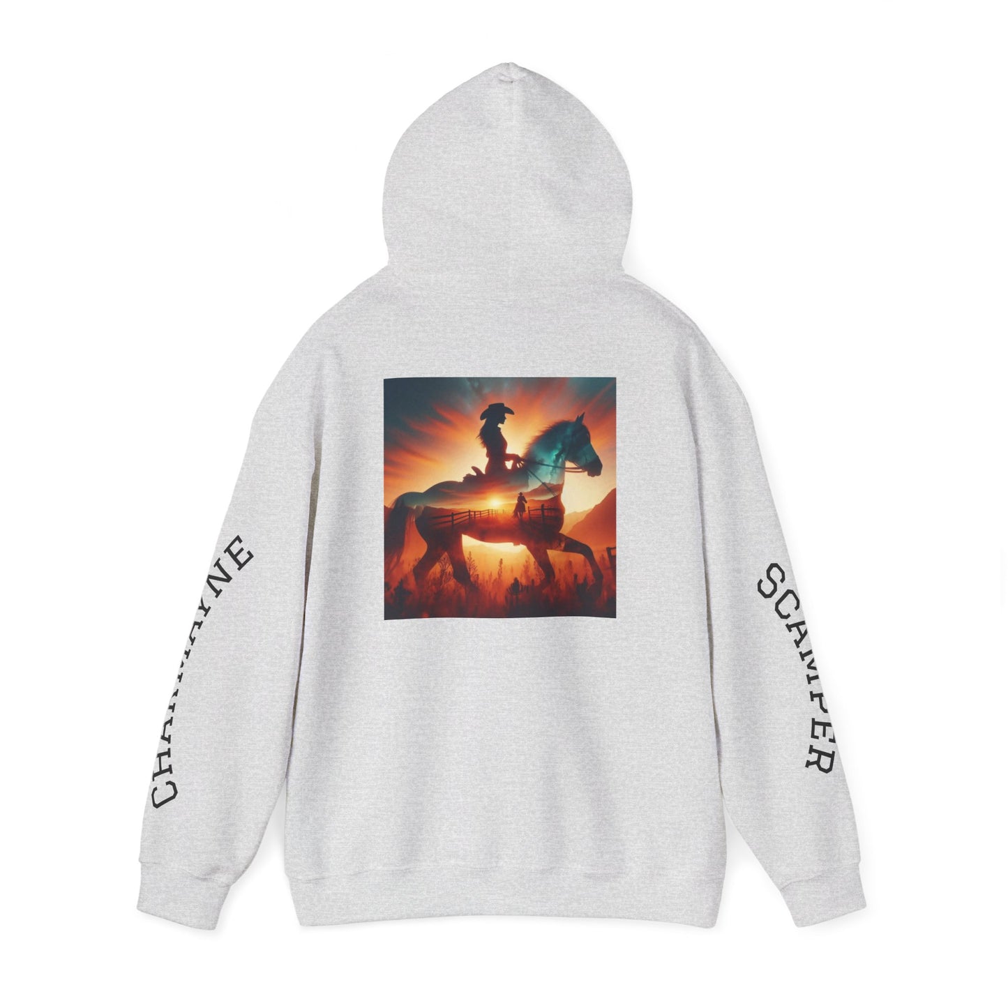 Western minimalist rider hoodie with personalized bull skull and prairie sunset design, featuring a comfortable fit and rustic style.