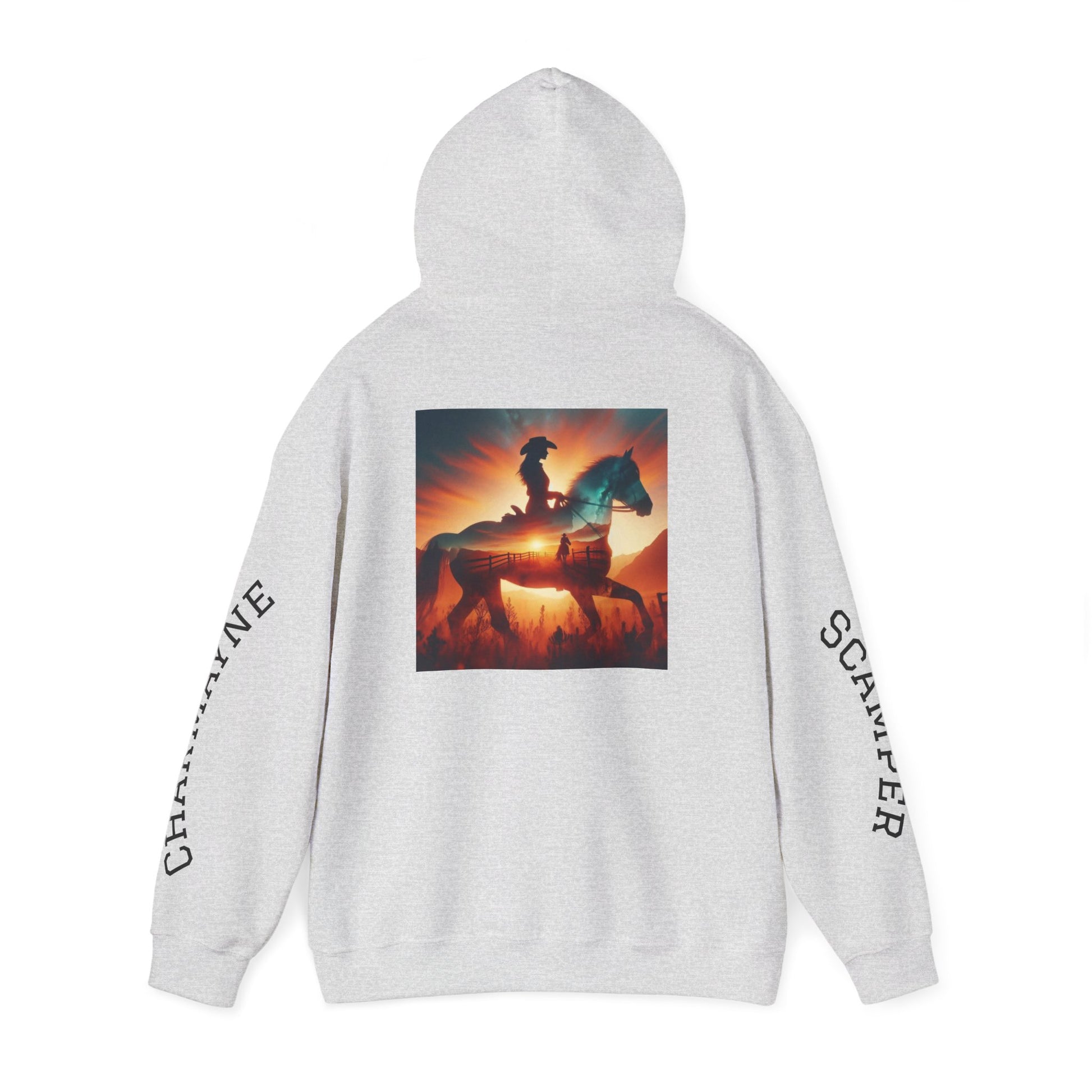 Western minimalist rider hoodie with personalized bull skull and prairie sunset design, featuring a comfortable fit and rustic style.