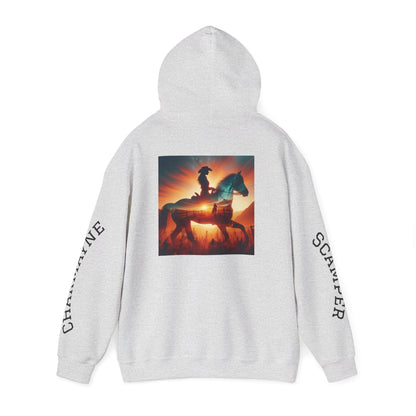 Western minimalist rider hoodie with personalized bull skull and prairie sunset design, featuring a comfortable fit and rustic style.