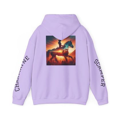 Western minimalist rider hoodie with personalized bull skull and prairie sunset design, featuring a comfortable printify hoodie.