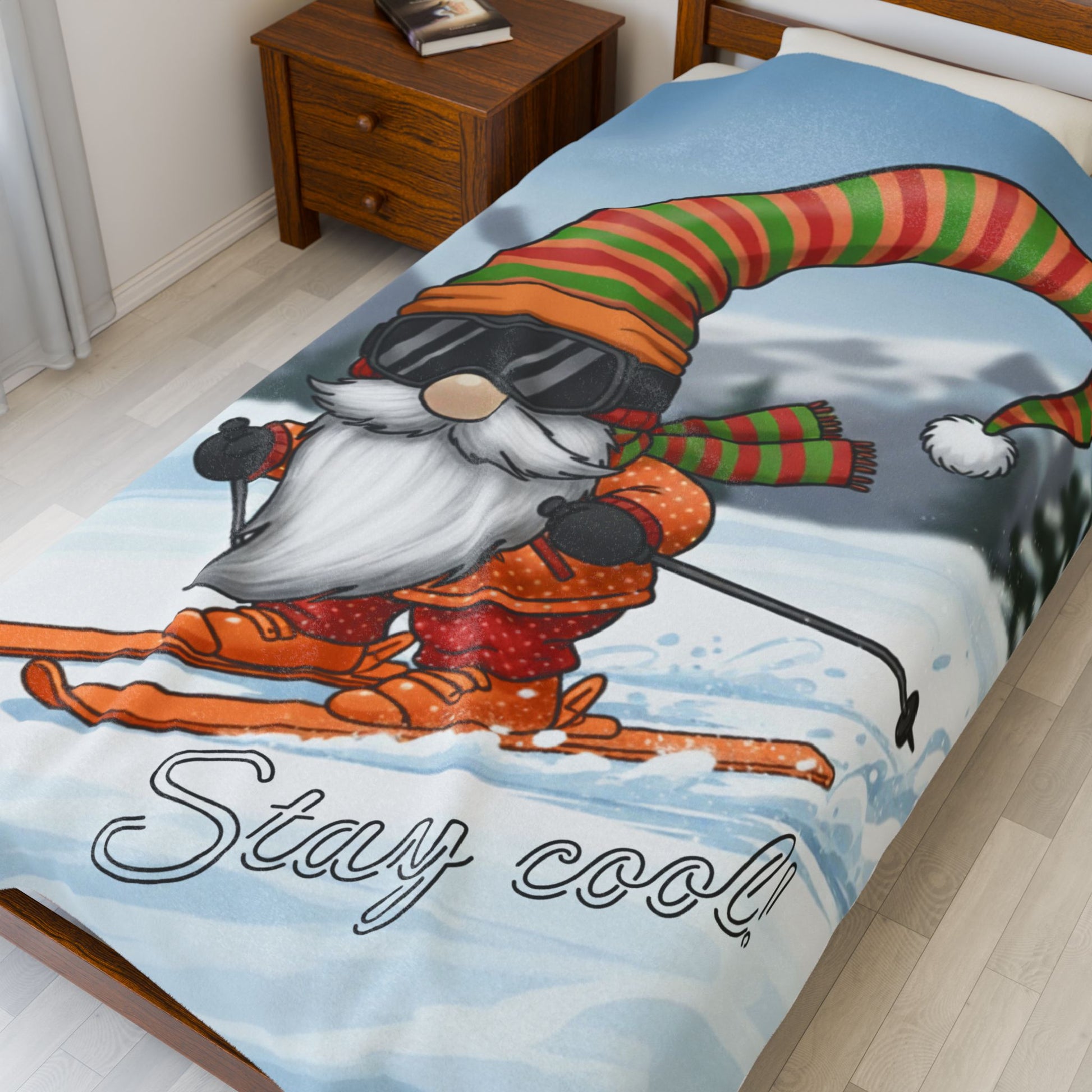 Skiing Gnome Velveteen Plush Blanket Stay Cool Winter Throw - Ramshackle Shack