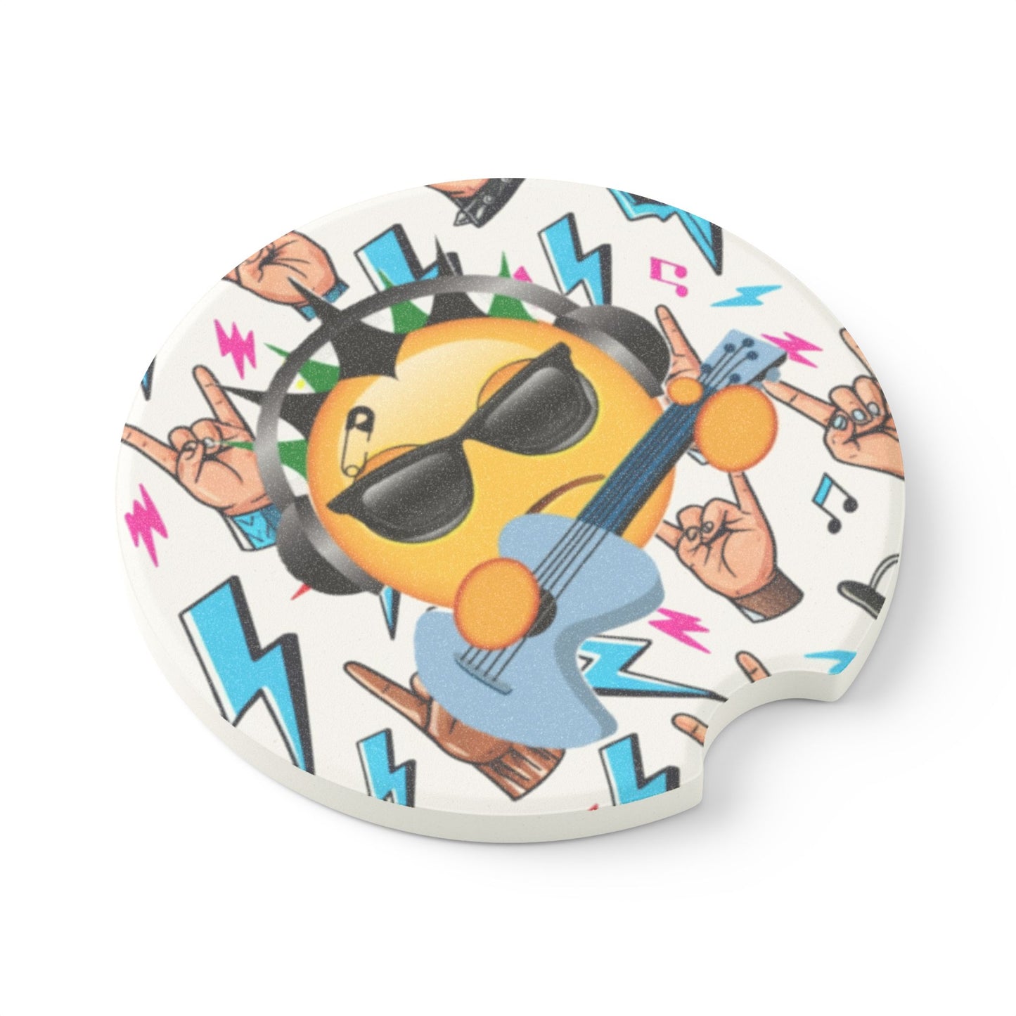 Rock Emoji Absorbent Car Coasters — Rock and Roll Gifts for Guitar Lovers | Soapstone Cup Holder Insert for Music Themed Car Decor - Ramshackle Shack