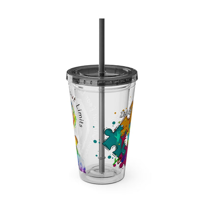 Watercolor elephant tumbler with straw, featuring "Love Without Limits" and paint-splatter puzzle design by Printify.