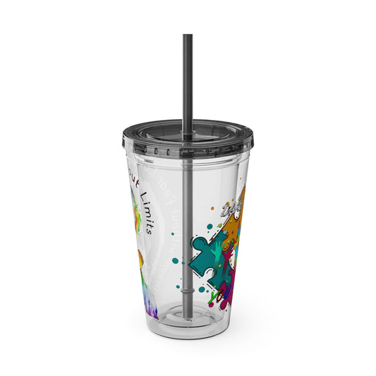 Watercolor elephant tumbler with straw, featuring "Love Without Limits" and paint-splatter puzzle design by Printify.