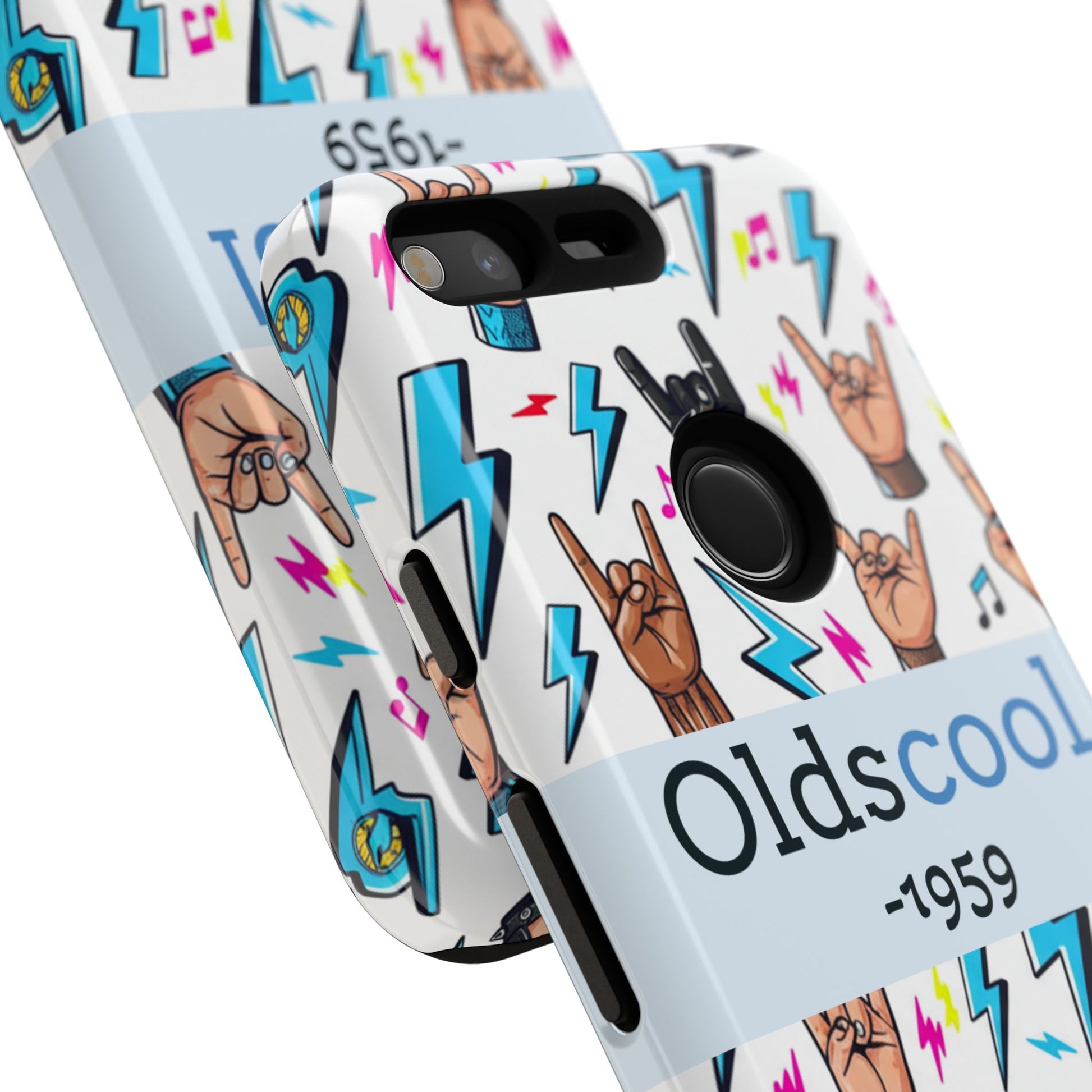 Retro Rock 'Oldscool 1959' Phone Case – Lightning & Rock Hand Pattern - Ramshackle Shack