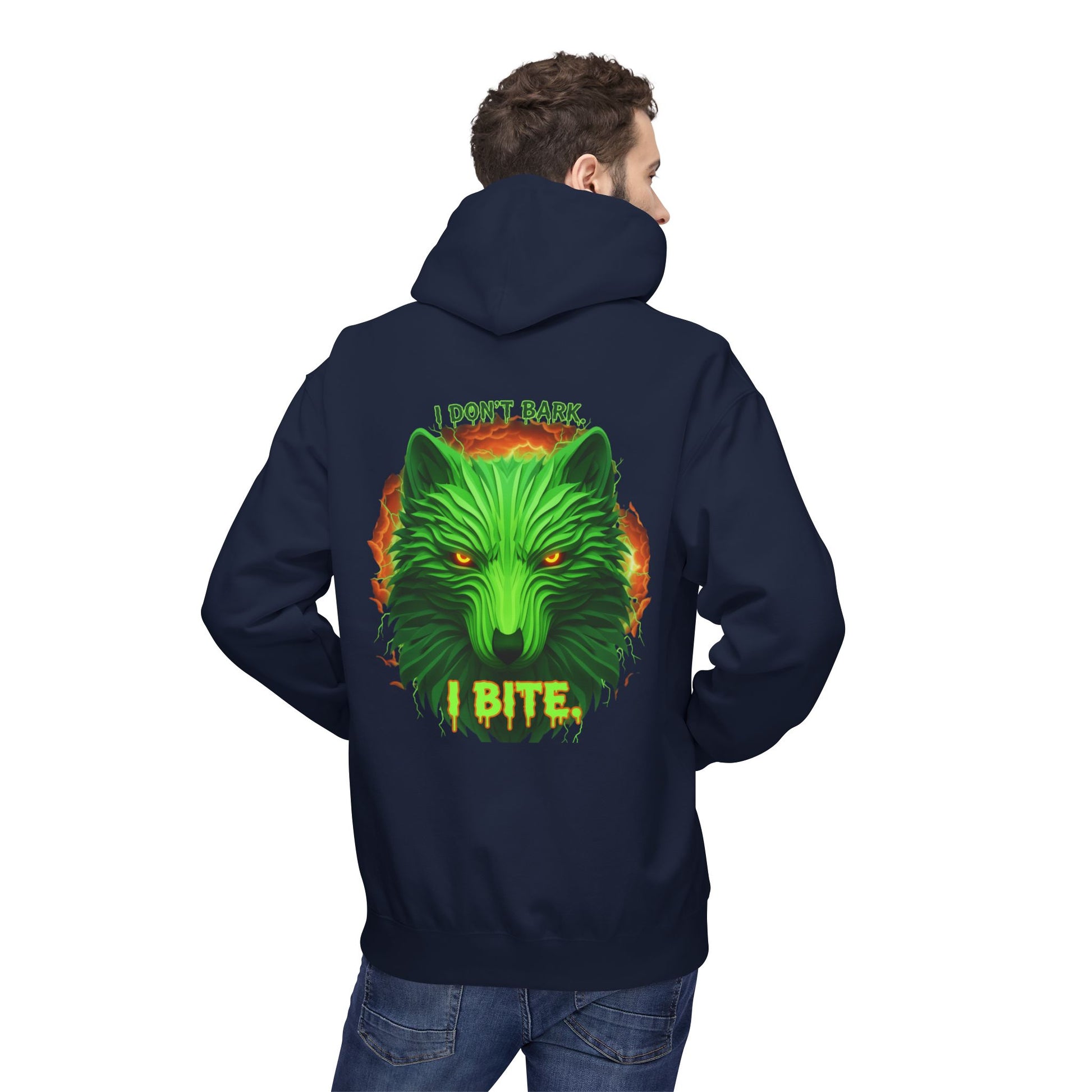 Neon green wolf graphic hoodie for night riders, featuring bold wolf design on comfortable Printify hoodie.