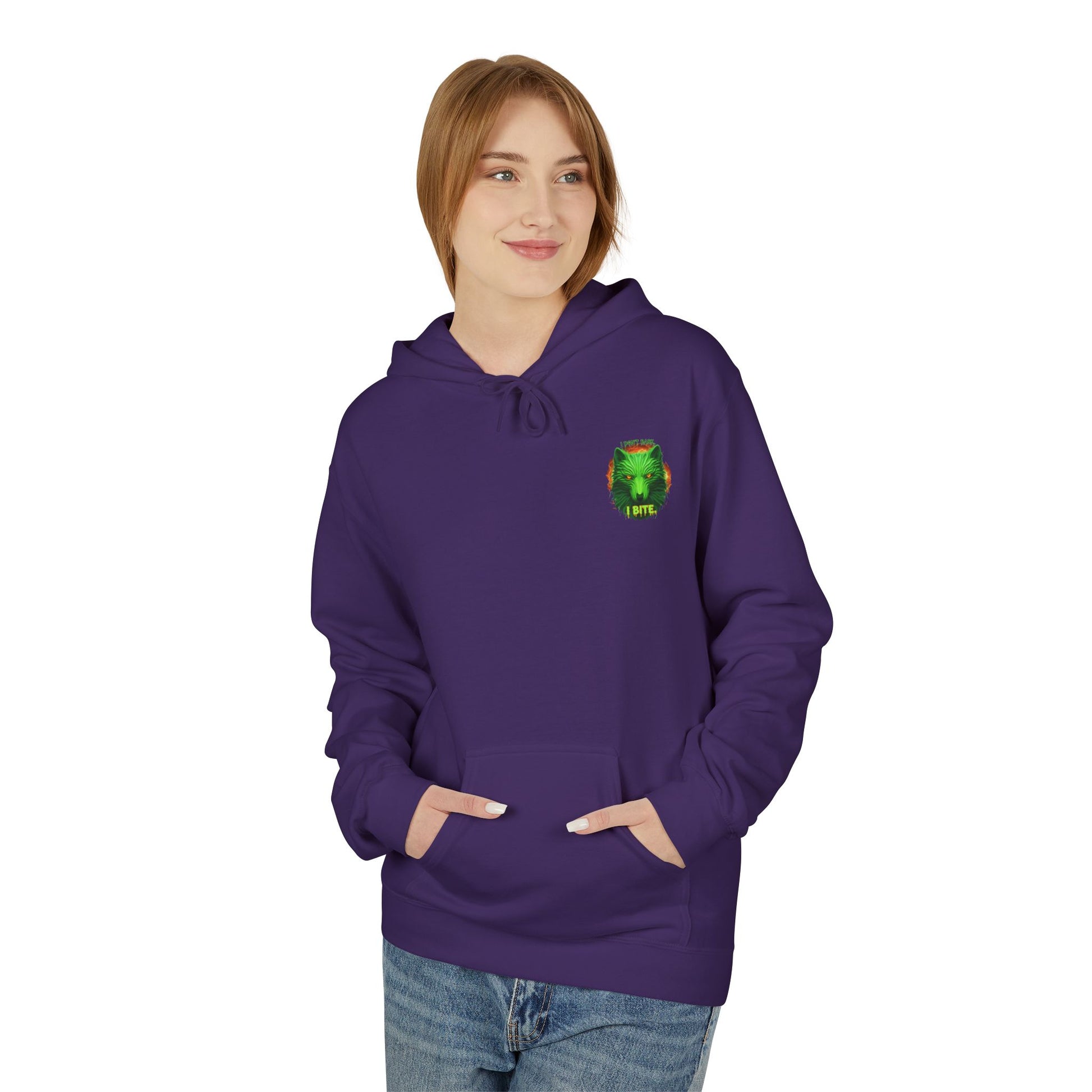 Neon green wolf graphic hoodie for night riders, featuring I Bite Wolf design on a comfortable Printify hoodie.