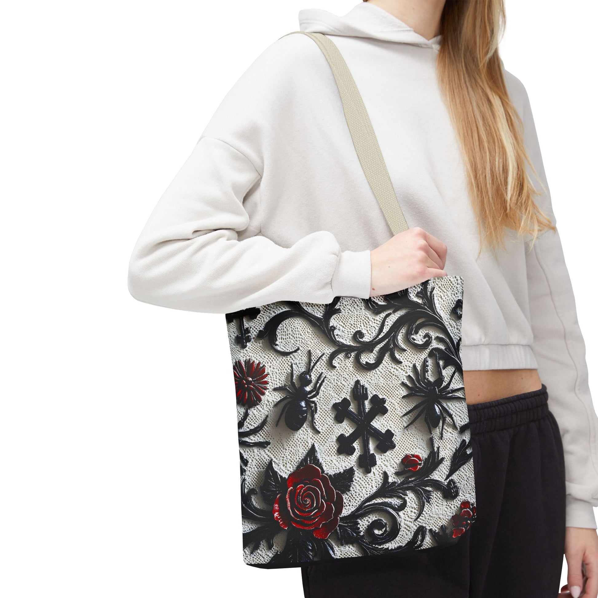 Gothic filigree tote bag with ornate dark floral all-over print, featuring intricate black and deep purple floral designs on a spacious bag.
