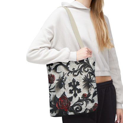 Gothic filigree tote bag with ornate dark floral all-over print, featuring intricate black and deep purple floral designs on a spacious bag.